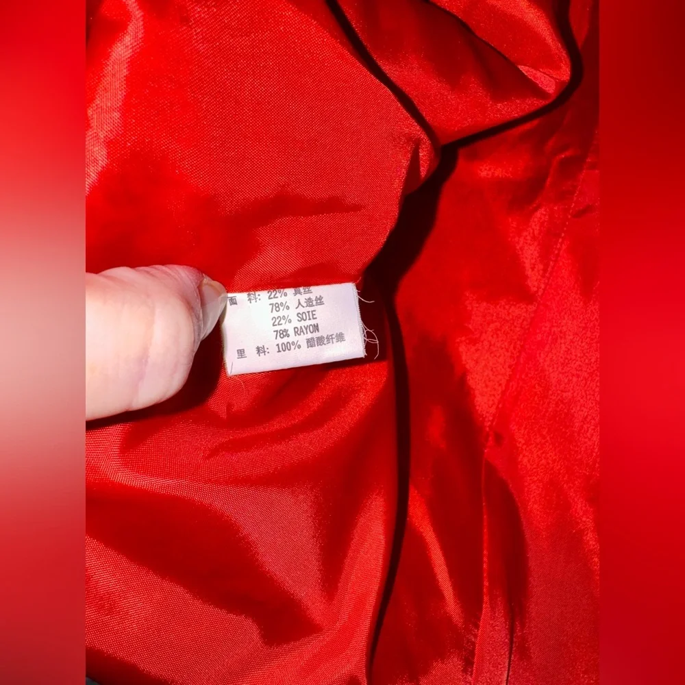 Chinese Silk Blend Jacket Rabbit Fur Collar Red Tailored blazer sz L /US Small - Picture 12 of 14